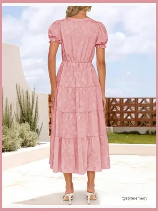 Polyester Floral Textured Midi Dress with Puff Sleeves and V-Neck - Picture 4 of 7